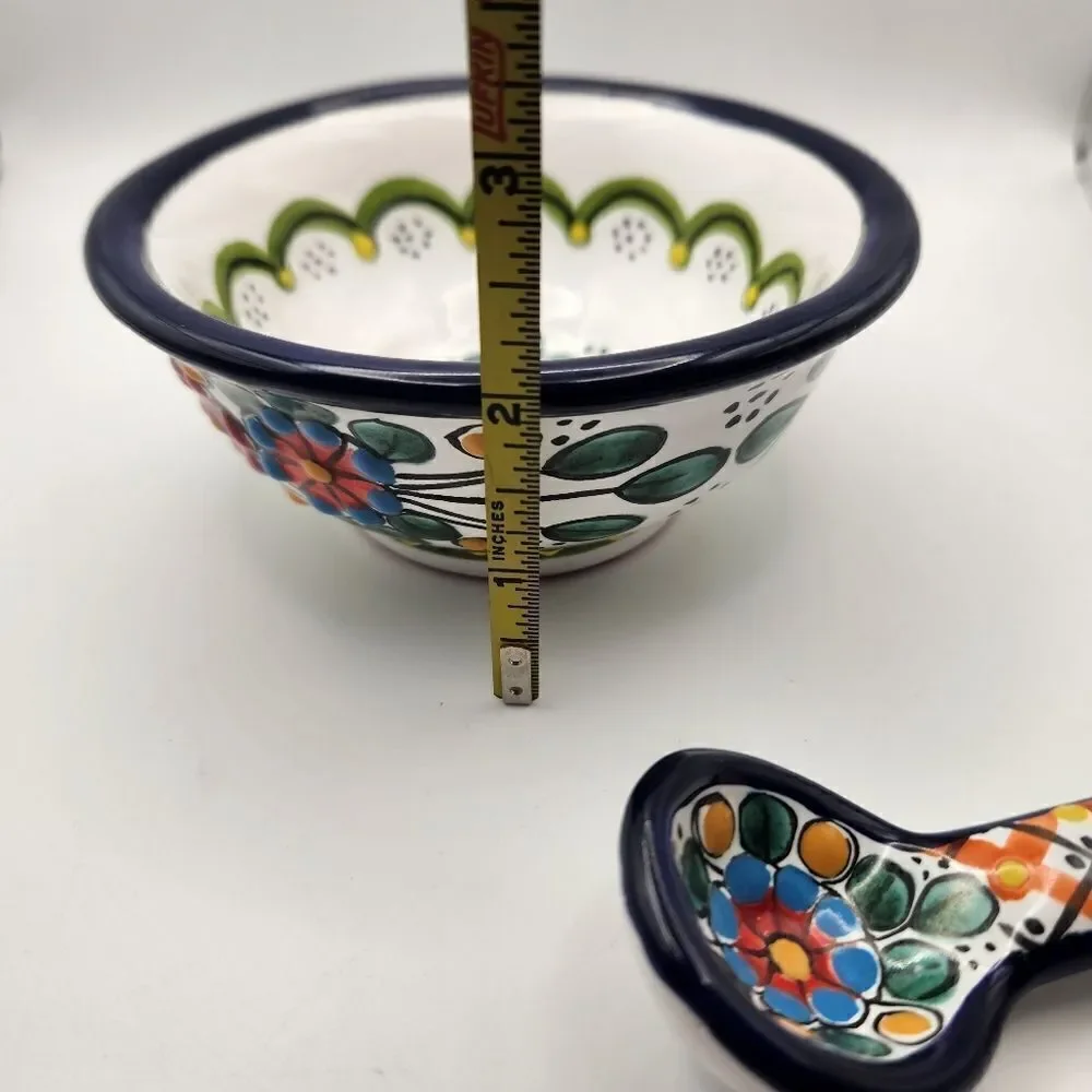 Mexican Pottery Colorful Ceramic Bowl and Spoon Set Hand painted